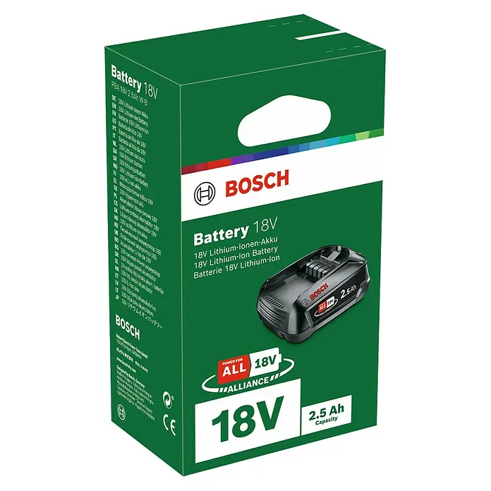Bosch Power for All 18V Akku PBA 18V 2.5Ah W-B - 18 V, 2,5 Ah - Bild einer grünen Bosch Battery 18V Verpackung, die eine Lithium-Ionen-Batterie zeigt, mit 2.5Ah Kapazität.