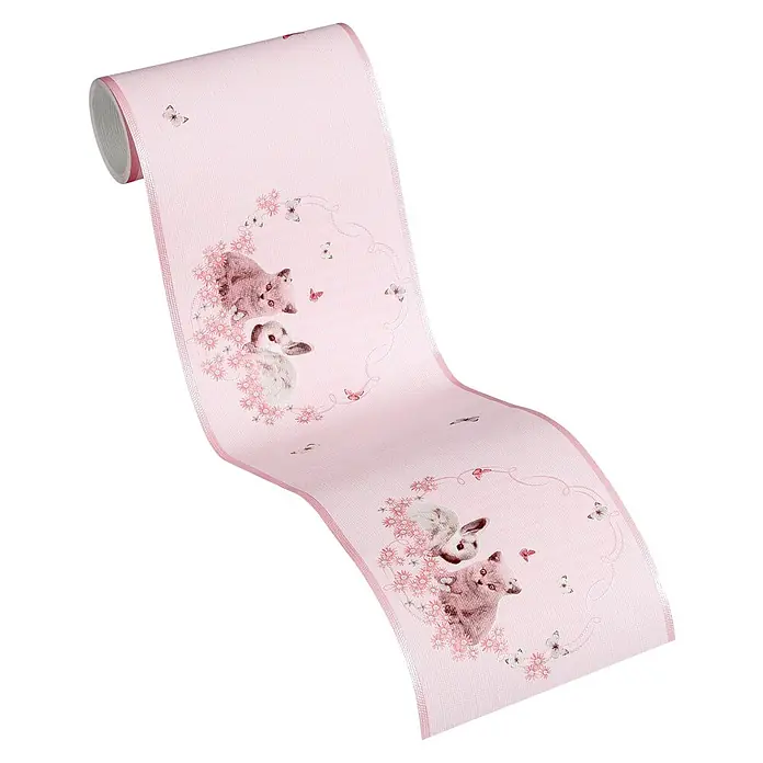 A.S. Création Only Borders 11 Tapetenborte Tiere - Kunststoff, Rosè - Eine Rolle rosafarbene Bordüre mit einem niedlichen Hasen und einer Katze, umgeben von Blumen und Schmetterlingen, perfekt für ein Kinderzimmer.