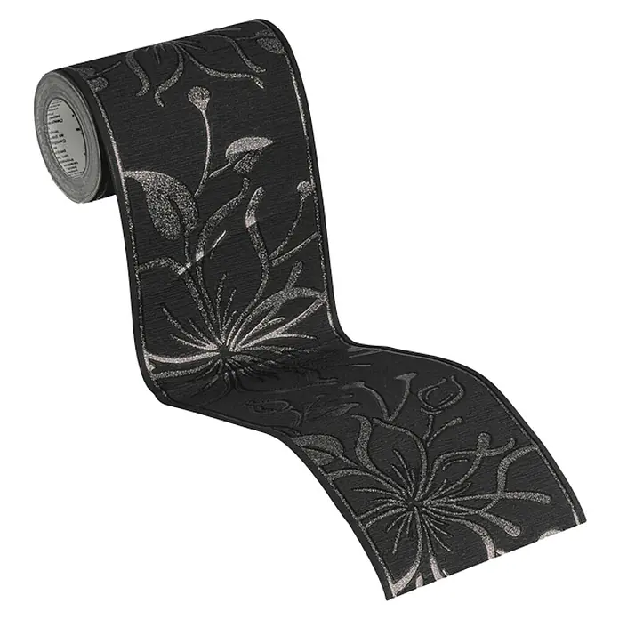 A.S. Création Only Borders 11 Tapetenborte Blume - Schwarz, 5 x 0,13 m, Selbstklebefolie - Schwarze Bordüre mit silberfarbenem Blumenmuster, gerollt dargestellt. Ein stilvolles Accessoire zur Wandgestaltung.