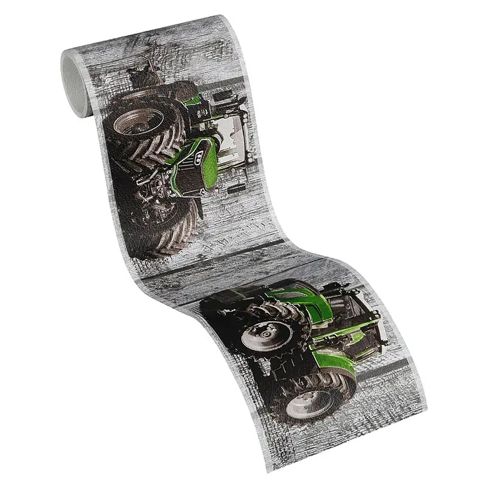 A.S. Création Only Borders 11 Tapetenborte Traktor - Kunststoff, Grau/Grün - Eine Rolle Toilettenpapier mit einem Aufdruck von Traktoren auf einem rustikalen Holzhintergrund. Ein lustiges Produkt für Landwirtschaftsbegeisterte.