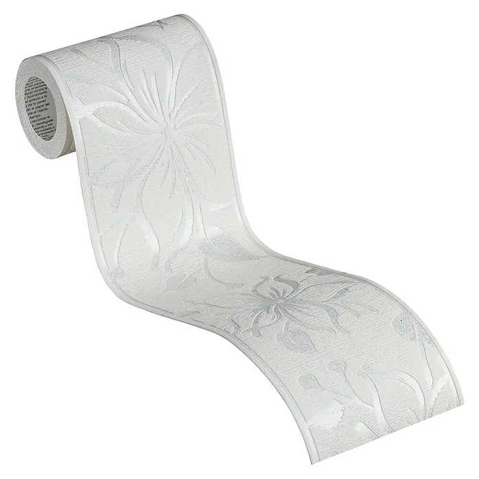 A.S. Création Only Borders 11 Tapetenborte Blume - Weiß/Silber, 5 x 0,13 m, Selbstklebefolie - Nahaufnahme einer Rolle weißer Bordüre mit floralem Muster, ideal für die Dekoration von Wänden und Möbeln.