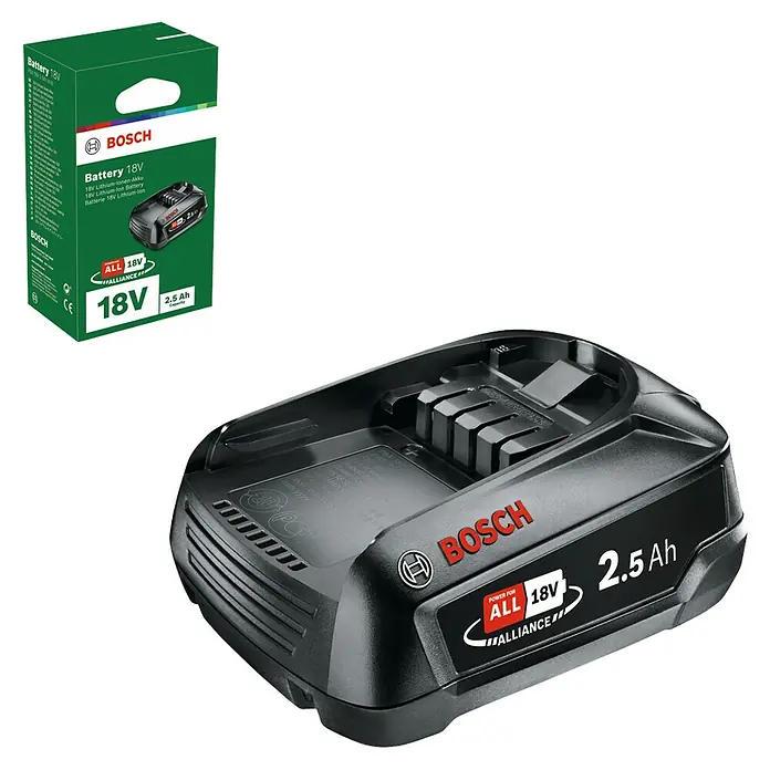 Bosch Power for All 18V Akku PBA 18V 2.5Ah W-B - 18 V, 2,5 Ah - Abbildung eines Bosch 18V Akkus und einer Ladestation. Das Ladegerät ist schwarz und mit dem Bosch-Logo versehen.
