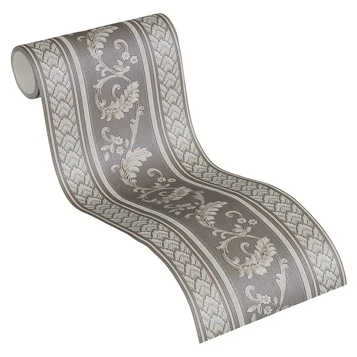 A.S. Création Only Borders 11 Tapetenborte Ornament - L x B: 5 m x 17 cm, Kunststoff, Graphit/Silber - Eine Rolle grauer Tapete mit einem floralen und ornamentalen Muster, ideal für die stilvolle Wandgestaltung in Ihrem Zuhause.