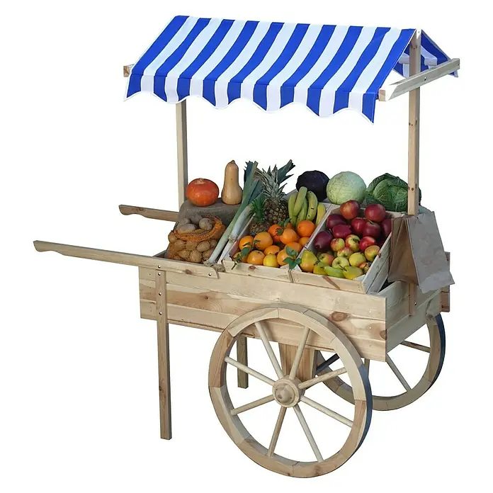 Promadino Dekoartikel Marktwagen mit Dach - L x B x H: 82 x 173 x 184 cm, Natur, Holz - Holzwagen mit blau-weiß gestreifter Markise, beladen mit frischem Obst und Gemüse, bietet eine rustikale Marktatmosphäre.