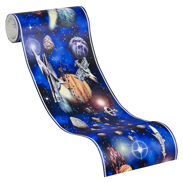 A.S. Création Only Borders 11 Tapetenborte Weltall - Kunststoff, Blau - Eine Rolle Kinderzimmer-Tapete mit einem bunten Weltraummotiv mit Planeten und Raumschiffen auf blauem Hintergrund.