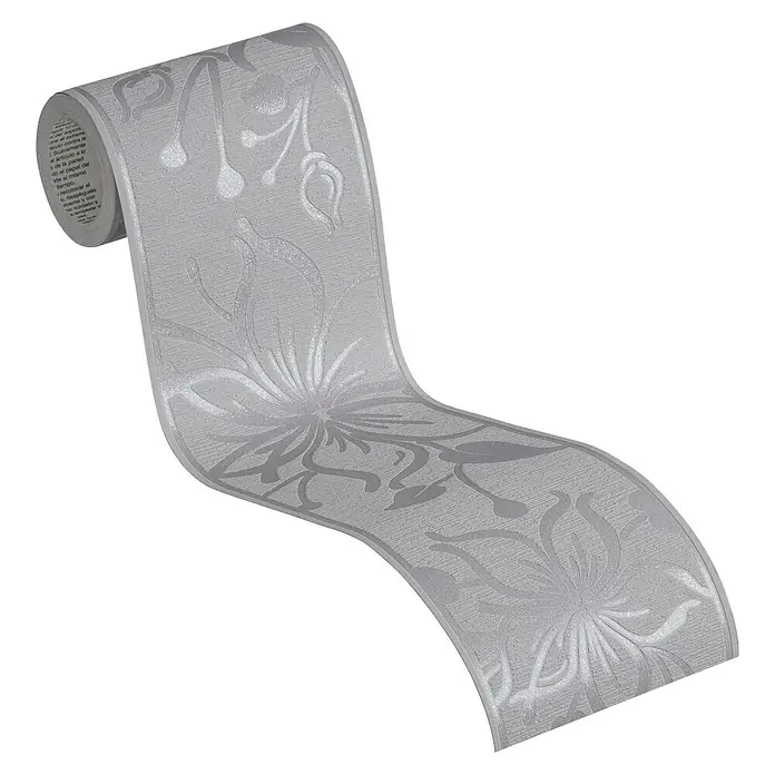 A.S. Création Only Borders 11 Tapetenborte Blume - Mittelgrau/Silber, 5 x 0,13 m, Selbstklebefolie - Nahaufnahme einer Rolle silberner Bordüre mit floralem Muster, ideal zur Dekoration von Wänden und Möbeln.
