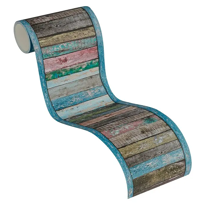 A.S. Création Only Borders 11 Tapetenborte Bretter - Kunststoff, Braun/Blau - Tapetenrolle mit einem bunten, holzähnlichen Muster und blauem Rand. Sieht aus wie eine Rolle aus Altholz.