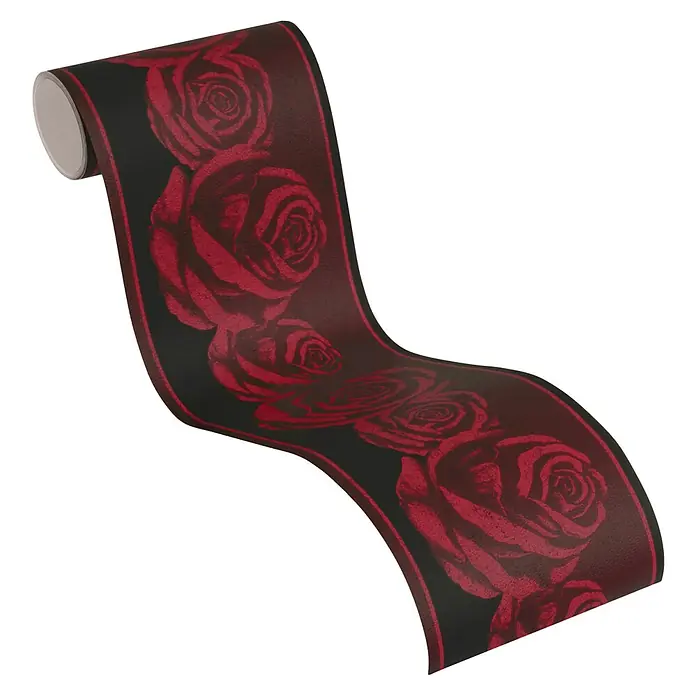 A.S. Création Only Borders 11 Tapetenborte Rosen - Kunststoff, Rot/Schwarz - Nahaufnahme einer Rolle Bordüren-Tapete mit einem auffälligen roten Rosenmuster auf einem eleganten schwarzen Hintergrund.