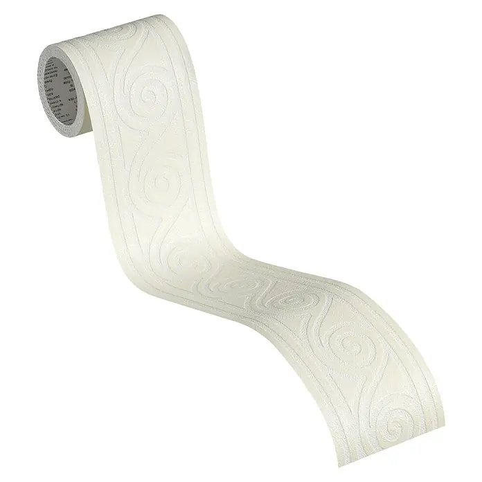 A.S. Création Only Borders 11 Tapetenborte Wellen - Weiß-Glitzer, 5 x 0,08 m, Vlies - Nahaufnahme einer Rolle weißer Bordüren Tapete mit erhabenem, floralem Muster, die sich abrollt und das elegante Design hervorhebt.