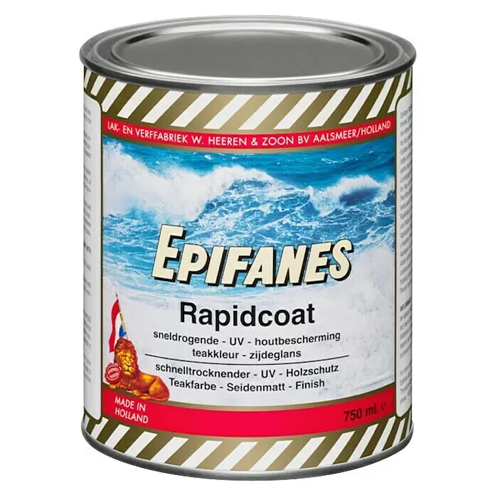 Yacht-Klarlack Rapidcoat - 750 ml, Teak - Metallisches Gebinde Epifanes Rapidcoat (750 ml), ein Lack für Teakholz mit seidenmatter Oberfläche. Zeigt ein blaues Meeresetikett.