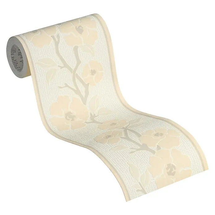 A.S. Création Only Borders 11 Tapetenborte Ranke - Kunststoff, Beige/Weiß - Nahaufnahme einer Rolle cremefarbener Tapete mit floralem Muster, perfekt für die Wanddekoration.