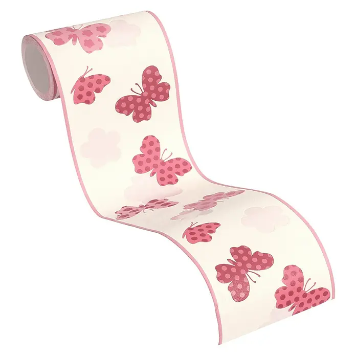 A.S. Création Only Borders 11 Tapetenborte Schmetterlinge - Kunststoff, Rosa - Eine Rolle rosa Bordüre mit Schmetterlingen und Wolken für Kinderzimmer, die eine verspielte und fröhliche Atmosphäre schafft.
