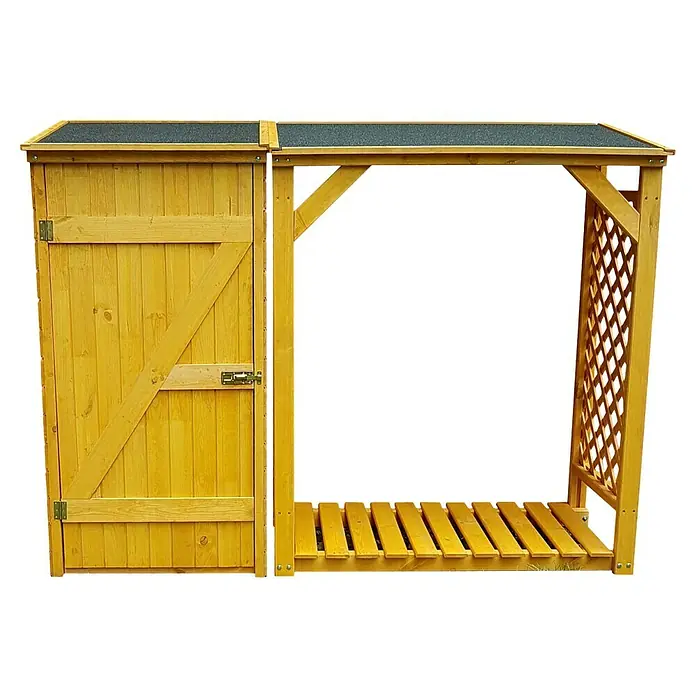Promadino Kaminholzregal Kombi Speyer - 192 x 69 x 148 cm, Honigbraun - Aufnahme eines Holzschuppens mit Lattenzaun für den Garten, ideal zur Aufbewahrung von Brennholz und Gartengeräten.