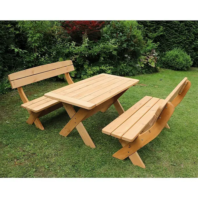 Promadino Gartenmöbel-Set München -  - Hölzerne Picknicktischgarnitur im Garten. Das Set besteht aus einem Tisch und zwei Bänken mit Rückenlehne für entspannte Stunden im Freien.