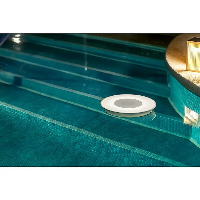 New Garden LED-Poolbeleuchtung mit Bluetooth Lautsprecher Wally Play - Durchmesser: 38 cm, Weiß, LED - Ein runder, schwimmender Poollautsprecher mit LED-Beleuchtung sorgt für Ambiente und Musik im Wasser.