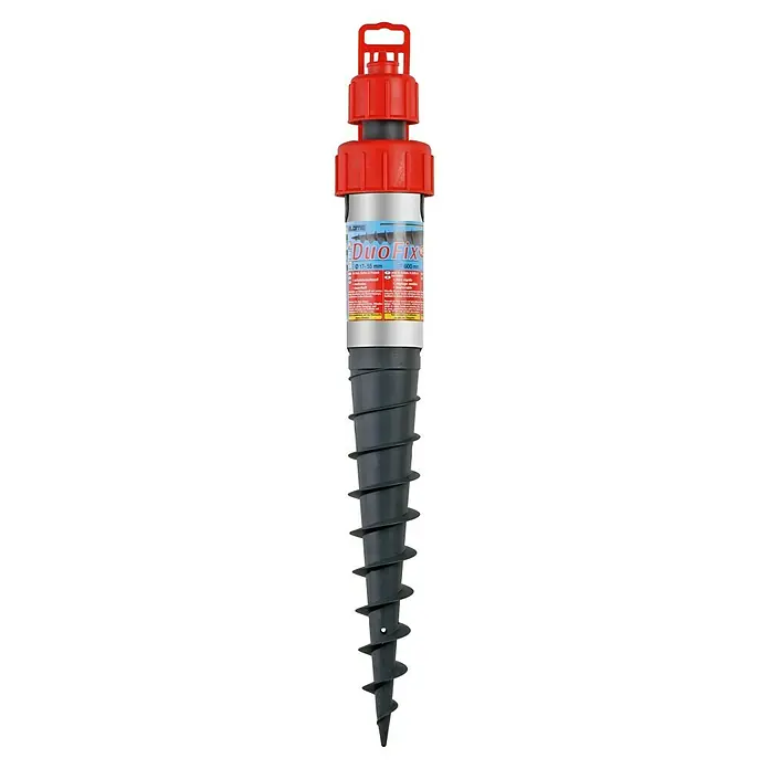 Blome Bodenhülsen-Set DuoFix - Höhe: 60 cm, Geeignet für: Standrohre 17 - 55 mm - Das Bild zeigt einen Erdanker der Marke "Duo Fix" mit einer spiralförmigen Spitze und einem roten Griffstück, ideal für die Befestigung im Außenbereich.