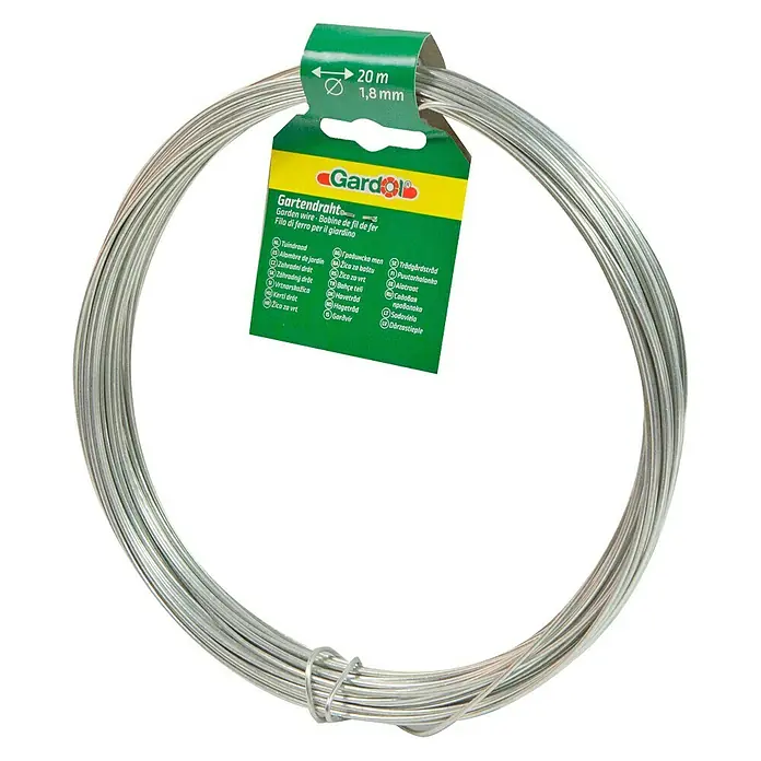 Gardol Gartendraht - 1,8 mm x 20 m, Verzinkt - Das Bild zeigt einen Ring aus Gartendraht der Marke Gardol, der sich durch seine Flexibilität und Robustheit für den Garten auszeichnet.