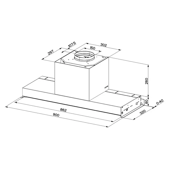 Mepamsa Campana integrable Secret Premium - Máx. Potencia del ventilador en modo extracción: 670 m³/h, Acero inoxidable - Diagrama de una campana extractora, que detalla sus dimensiones y elementos de diseño, útil para las especificaciones del producto.