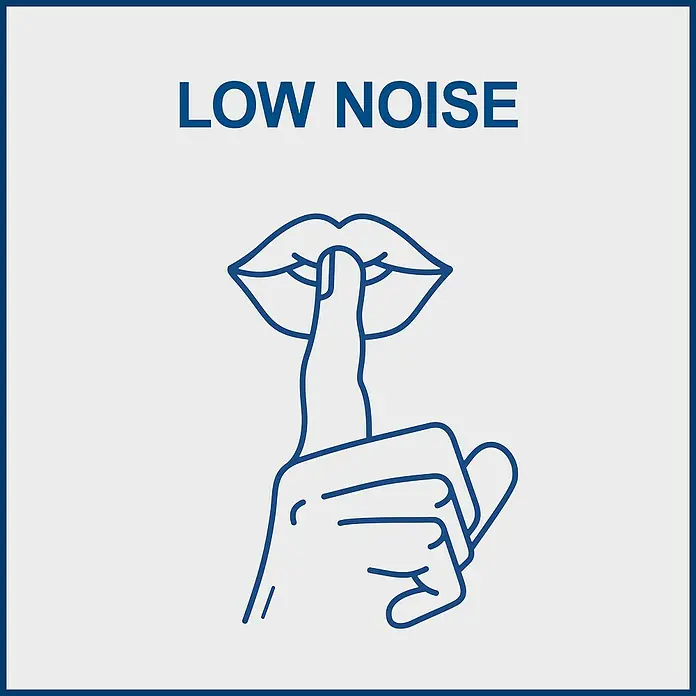 Scheppach Inverter-Stromerzeuger SG 2500 i - 2 kW, Tankvolumen: 4,1 l - Stille bitte! Das Bild zeigt den Schriftzug „Low Noise“ über einer Illustration, die zum Schweigen auffordert.