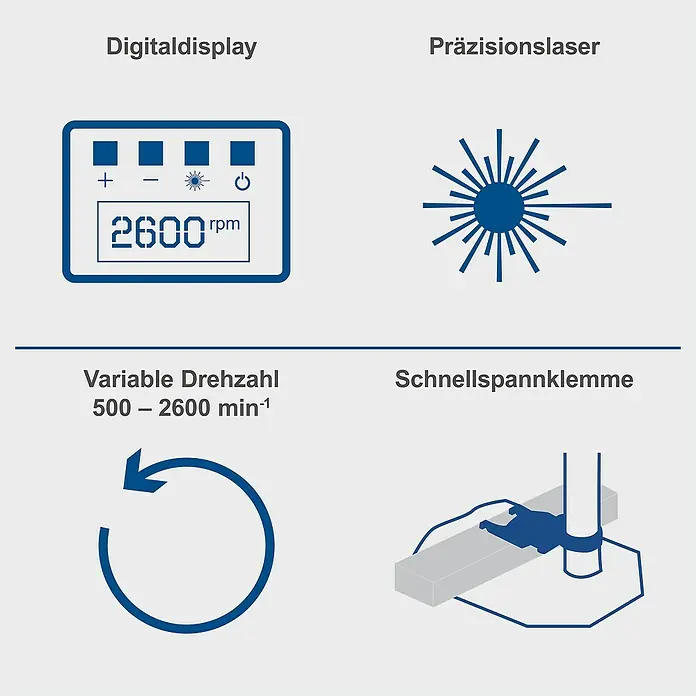 Scheppach Tischbohrmaschine DP55 - 710 W, Leerlaufdrehzahl: 500 U/min - 2.600 U/min, Spannweite Bohrfutter: 1,5 mm - 13 mm - Produktdetails mit Digitaldisplay, Präzisionslaser, variabler Drehzahl und Schnellspannklemme.