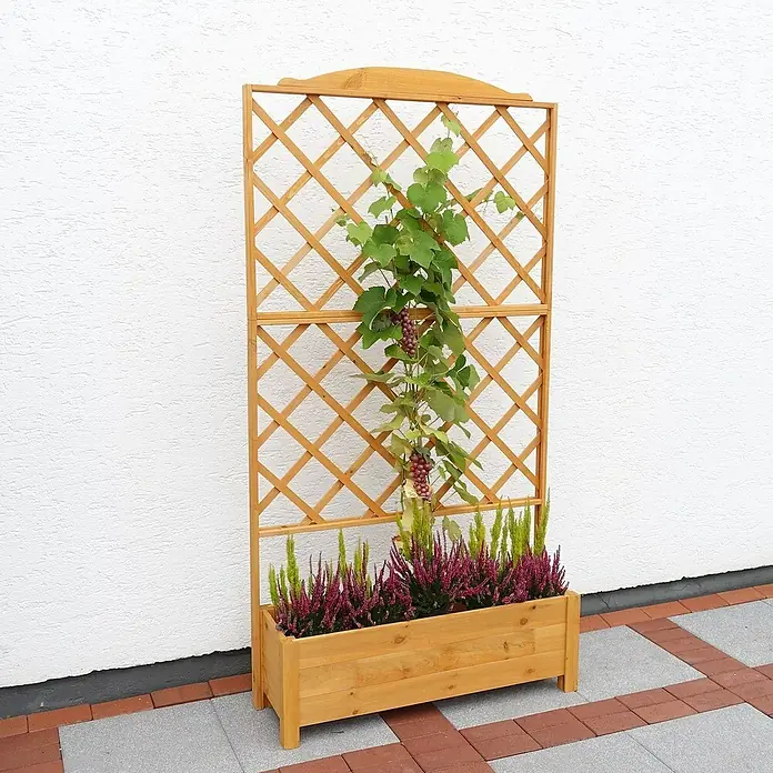 Promadino Pflanzkasten - Außenmaß (L x B x H): 110 x 32 x 210 cm, Holz, Honigbraun - Holz-Pflanzkasten mit Rankgitter für Kletterpflanzen, dekoriert mit grünen und violetten Pflanzen vor weißer Wand.