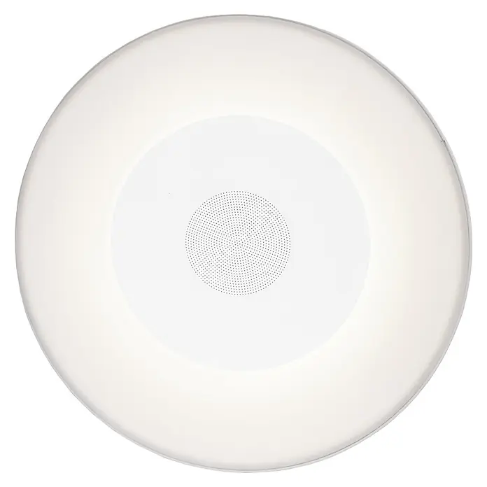 New Garden LED-Poolbeleuchtung mit Bluetooth Lautsprecher Wally Play - Durchmesser: 38 cm, Weiß, LED - Nahaufnahme einer runden, weißen LED-Deckenleuchte mit einem feinen Punktmuster im Zentrum auf einem schwarzen Hintergrund.