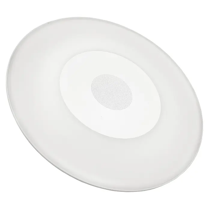 New Garden LED-Poolbeleuchtung mit Bluetooth Lautsprecher Wally Play - Durchmesser: 38 cm, Weiß, LED - Ein kreisförmiger, weißer Deckenlautsprecher mit einem kleineren, runden Lautsprechergitter in der Mitte. Helle, moderne Beleuchtung für jeden Raum.