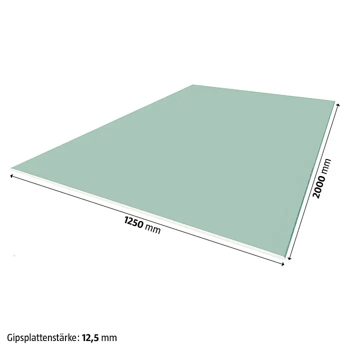 Knauf Gipskartonplatte Greenboard Plus GKBI - 2.000 x 1.250 x 12,5 mm, Imprägniert - Darstellung einer Gipskartonplatte mit den Maßen 1250 mm x 2000 mm und einer Plattenstärke von 12,5 mm.