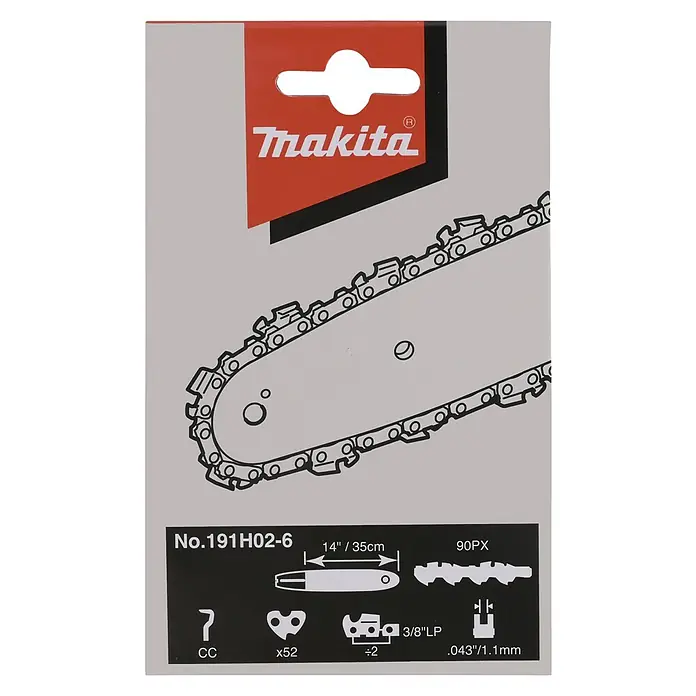 Makita Sägekette - Passend für: Sägeschienen 35cm lang, Nutbreite von 1,1mm & 3/8"-Teilung - Verpackung der Makita 191H02-6 Sägekette, 14 Zoll / 35 cm, 90PX. Kettenteilung 3/8"LP, Nutbreite 0,043" / 1,1 mm.