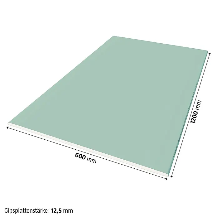 Knauf Gipskartonplatte Miniboard GKBI - 1.200 x 600 x 12,5 mm, Imprägniert - Darstellung einer Gipskartonplatte mit den Maßen 600 mm x 1200 mm und einer Plattenstärke von 12,5 mm.