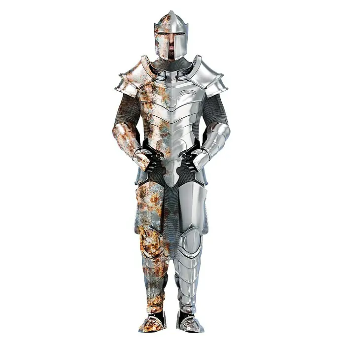 Hammerite Metall-Schutzlack Hammerschlag - Silbergrau, 1 l, Glänzend, Lösemittelbasiert - Bild eines Ritters in halber Rüstung, wobei eine Seite rostig und die andere neu ist. Es ist ein visueller Kontrast zwischen Alt und Neu.