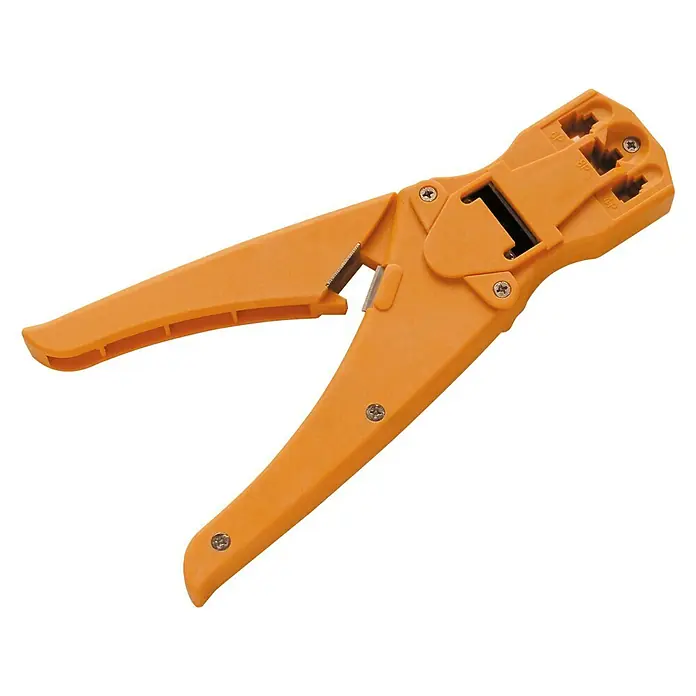 Schwaiger Crimpzange für Westernstecker - Kunststoff - Orangefarbene Crimpzange für Kabel mit verschiedenen Kerben zum Abisolieren und Crimpen von Kabeln, ideal für Elektronikarbeiten.