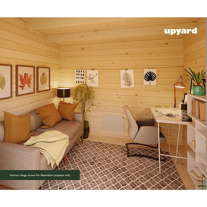 Upyard Gartenhaus Airen - Außenmaß inkl. Dachüberstand (B x T): 304 x 348 cm, Holz, Natur - Eine gemütliche Holzkabine mit einem Sofa, einem Schreibtisch und Holzverkleidung von UpYard für Ihr Zuhause.