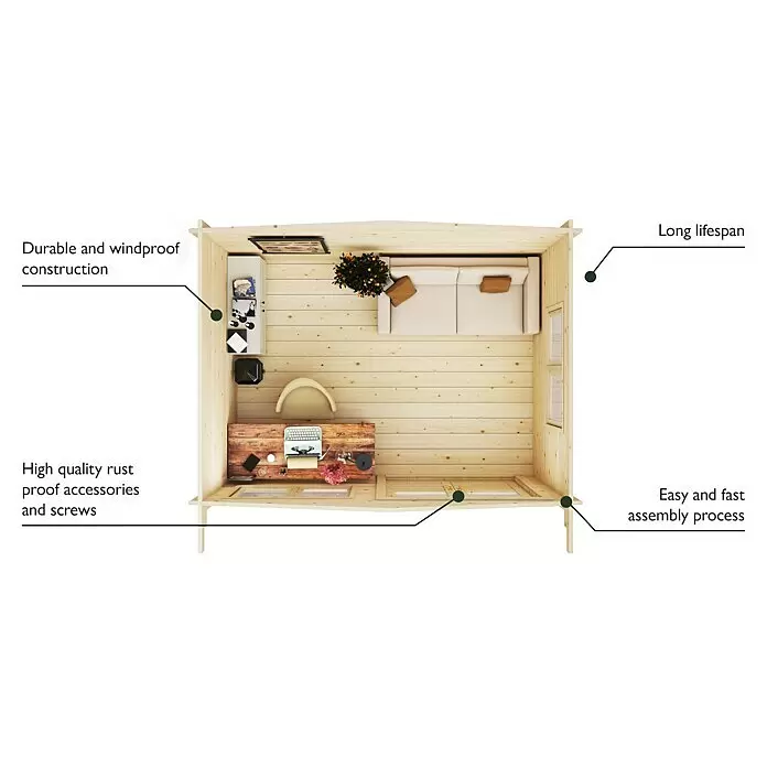 Upyard Gartenhaus Merselan - Außenmaß inkl. Dachüberstand (B x T): 353 x 348 cm, Holz, Natur - Draufsicht auf helle Holzhütte mit Schreibtisch und Sofa, die langlebige, winddichte Konstruktion, lange Lebensdauer, rostfreie Beschläge und einfache Montage hervorhebt.