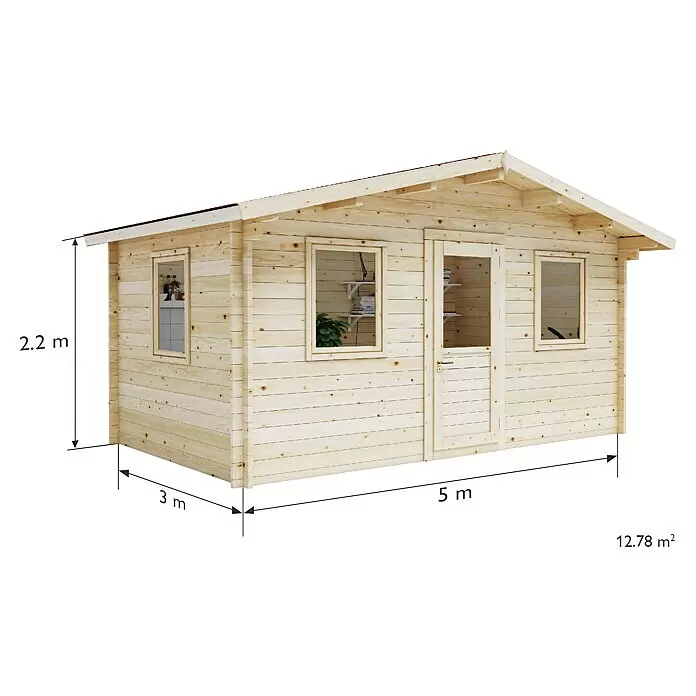 Upyard Gartenhaus Malbec - Außenmaß inkl. Dachüberstand (B x T): 356 x 365 cm, Holz, Natur - Helles Holz Gartenhaus mit Fenstern und Tür, 5m lang, 3m breit, 2,2m hoch, 12,78 m² Grundfläche.