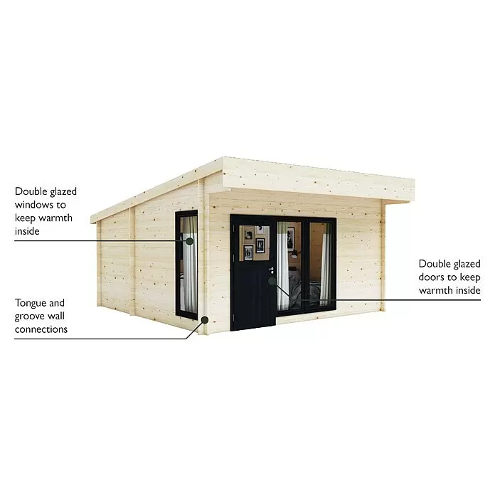Upyard Gartenhaus Chardonna - Außenmaß inkl. Dachüberstand (B x T): 504 x 591 cm, Holz, Natur - Holz-Gartenhaus mit hellen Wänden, schwarzen doppelt verglasten Fenstern und Türen und Nut-Feder-Verbindungen.