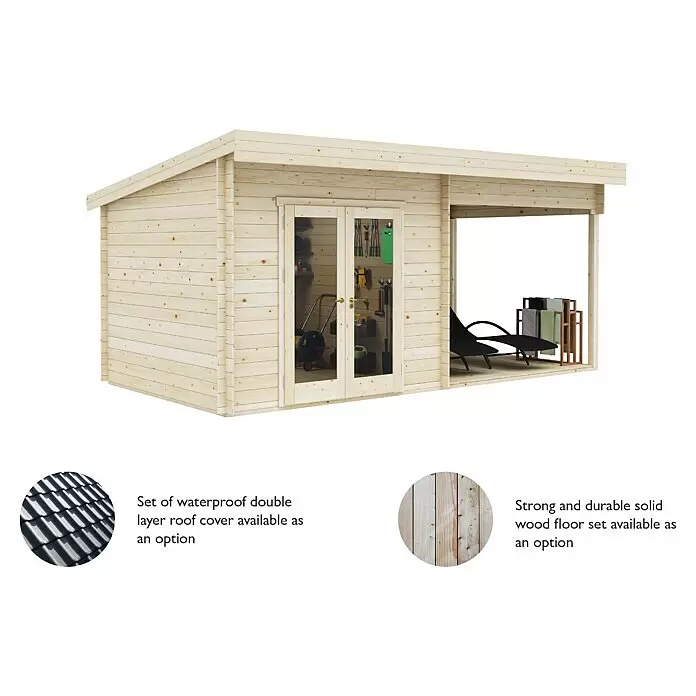 Upyard Gartenhaus Grenache - Außenmaß inkl. Dachüberstand (B x T): 605 x 348 cm, Holz - Gartenhaus aus hellem Holz mit Doppeltür und offenem Seitenüberstand, ideal für Lagerung und Sitzgelegenheiten.