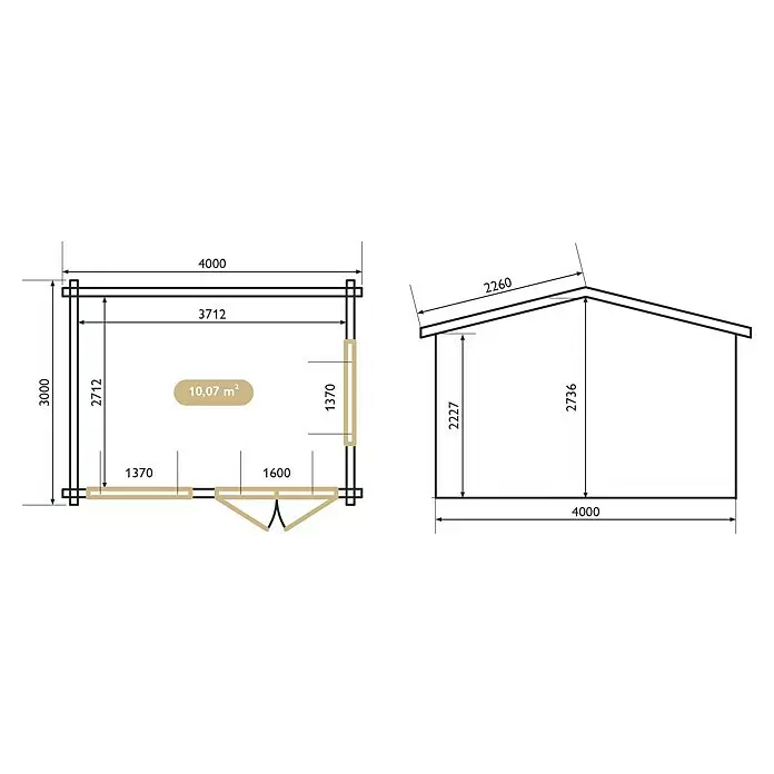 Upyard Gartenhaus Merselan - Außenmaß inkl. Dachüberstand (B x T): 353 x 348 cm, Holz, Natur - Grundriss und Seitenansicht eines Gartenhauses aus Holz mit Maßen.