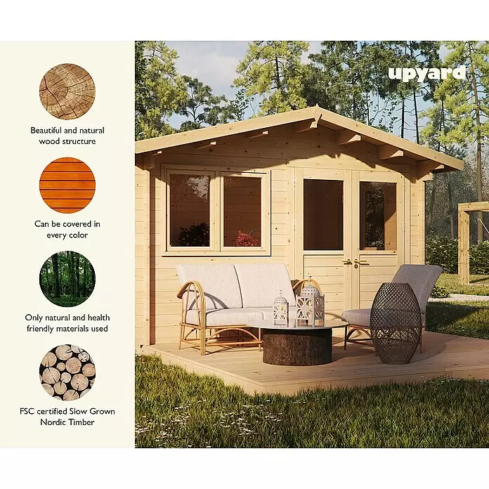 Upyard Gartenhaus Merselan - Außenmaß inkl. Dachüberstand (B x T): 353 x 348 cm, Holz, Natur - Gartenhaus aus Naturholz mit Terrasse, hebt FSC-zertifiziertes Nordholz, anpassbare Farbe und natürliche Materialien hervor.