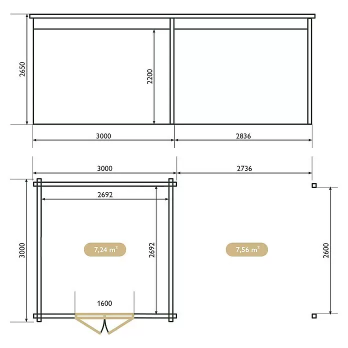 Upyard Gartenhaus Grenache - Außenmaß inkl. Dachüberstand (B x T): 605 x 348 cm, Holz - Architekturzeichnung mit Maßen und Grundrissen für ein Gartenhaus, zeigt Höhen, Breiten und Flächen.