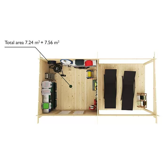 Upyard Gartenhaus Grenache - Außenmaß inkl. Dachüberstand (B x T): 605 x 348 cm, Holz - Zweiteiliges Holzgartenhaus: ein geschlossener Abstellraum und ein offener Loungebereich, insgesamt 14,8 m².