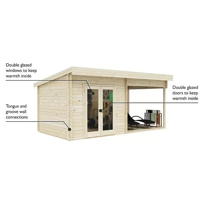 Upyard Gartenhaus Grenache - Außenmaß inkl. Dachüberstand (B x T): 605 x 348 cm, Holz - Helles Holzgartenhaus mit doppelverglasten Fenstern/Türen und Terrassenbereich, mit Nut-und-Feder-Wänden.