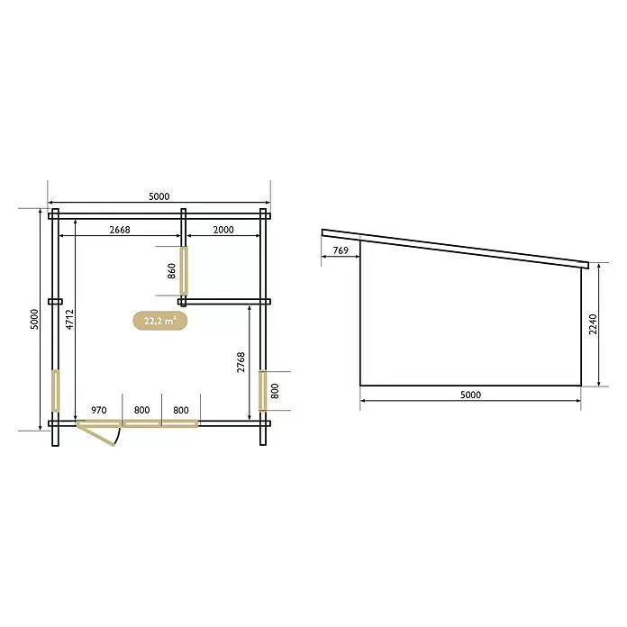 Upyard Gartenhaus Chardonna - Außenmaß inkl. Dachüberstand (B x T): 504 x 591 cm, Holz, Natur - Bauplan eines 5x5 Meter Gartenhauses mit 22,2 m² Innenfläche. Zeigt Grundriss und Seitenansicht mit Pultdach.