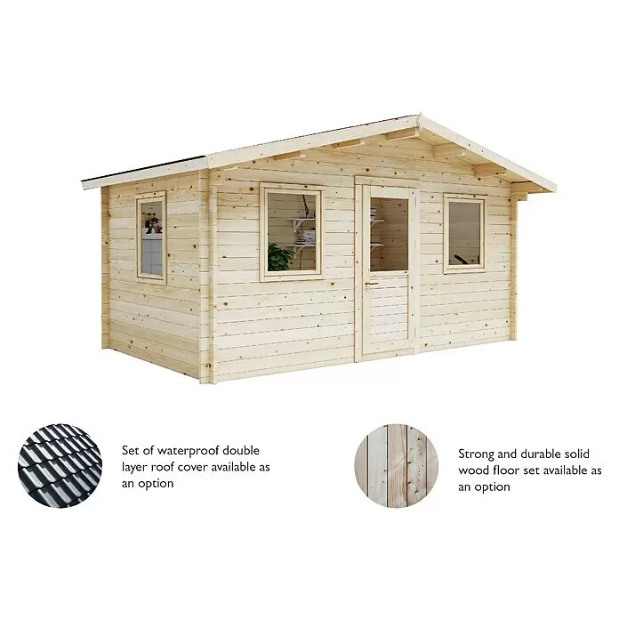 Upyard Gartenhaus Malbec - Außenmaß inkl. Dachüberstand (B x T): 356 x 365 cm, Holz, Natur - Helles Gartenhaus aus Holz mit Spitzdach, Fenstern und einer Tür.