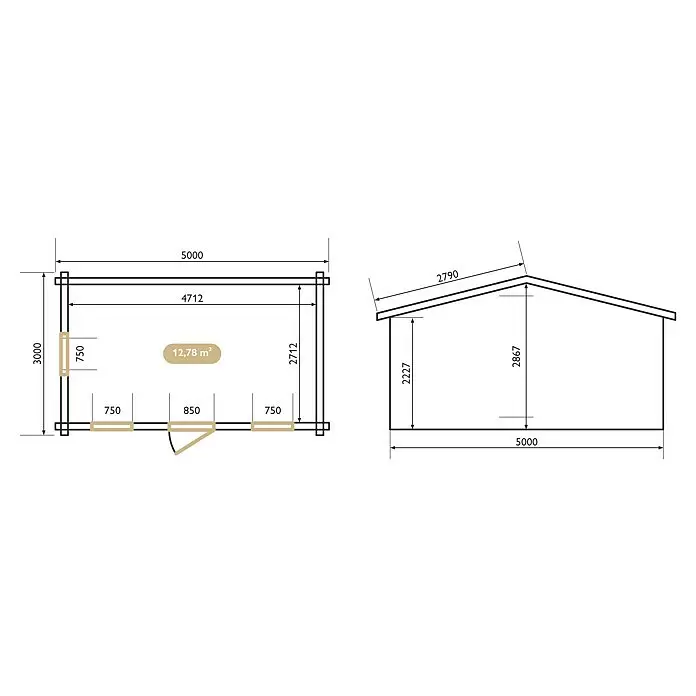 Upyard Gartenhaus Malbec - Außenmaß inkl. Dachüberstand (B x T): 356 x 365 cm, Holz, Natur - Technische Zeichnungen eines kleinen Gebäudes, mit Grundriss, Ansicht, Maßen und einer Fläche von 12,78 m².