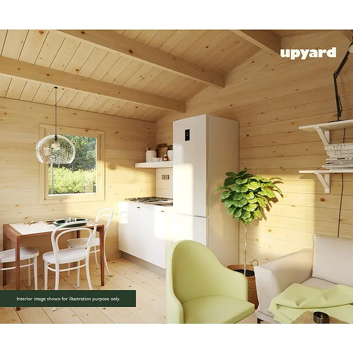 Upyard Gartenhaus Malbec - Außenmaß inkl. Dachüberstand (B x T): 356 x 365 cm, Holz, Natur - Helle, moderne Holzkabine mit Küchenzeile, Esstisch und Sitzbereich, die einladendes und gemütliches Ambiente für entspanntes Wohnen bietet.