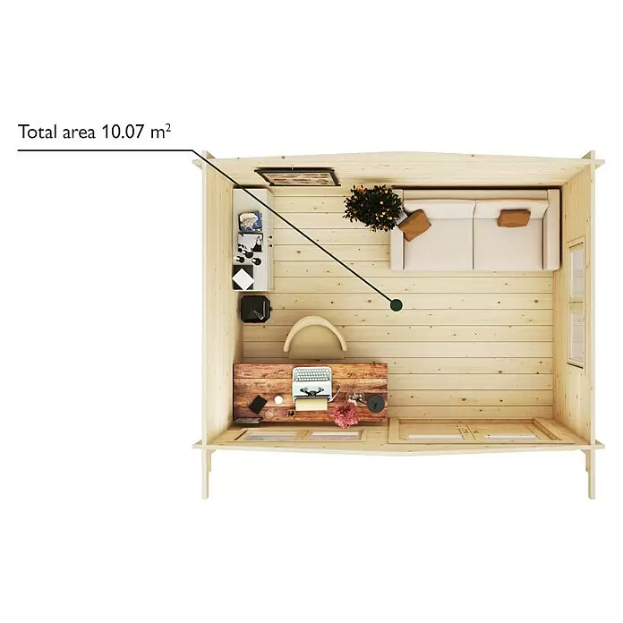 Upyard Gartenhaus Merselan - Außenmaß inkl. Dachüberstand (B x T): 353 x 348 cm, Holz, Natur - Draufsicht auf ein kleines, möbliertes Holz-Gartenbüro mit Schreibtisch, Sofa und Pflanze.