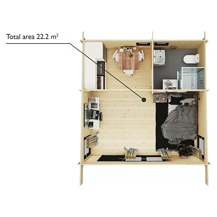 Upyard Gartenhaus Chardonna - Außenmaß inkl. Dachüberstand (B x T): 504 x 591 cm, Holz, Natur - Draufsicht auf einen 22,2 m² großen Grundriss einer Holzhütte mit Küche, Bad, Wohn- und Schlafbereich.