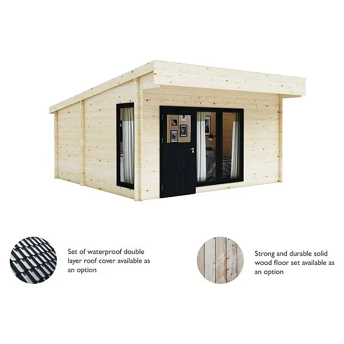 Upyard Gartenhaus Chardonna - Außenmaß inkl. Dachüberstand (B x T): 504 x 591 cm, Holz, Natur - Moderne Hütte aus hellem Holz mit schwarzen Türen und großen Fenstern.
