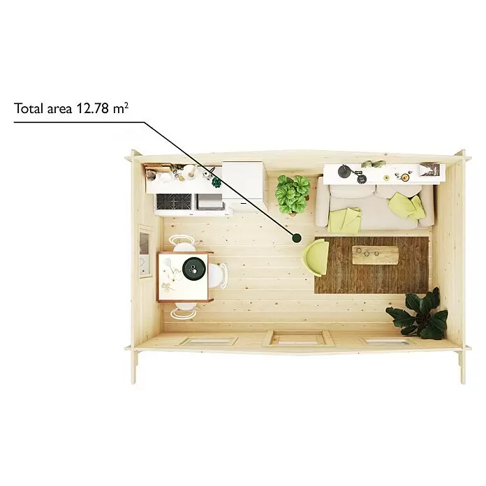 Upyard Gartenhaus Malbec - Außenmaß inkl. Dachüberstand (B x T): 356 x 365 cm, Holz, Natur - Draufsicht auf ein möbliertes kleines Holzhaus-Interieur mit Küchen-, Ess- und Wohnbereichen. Gesamtfläche 12,78 m².